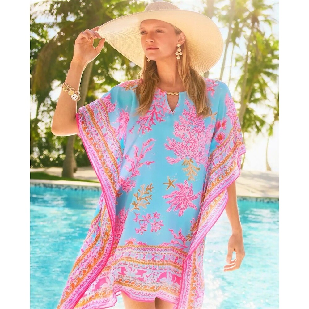 Lilly Pulitzer Lindamarie Caftan Dress Womens Small / Medium multi royal coral - Picture 2 of 6